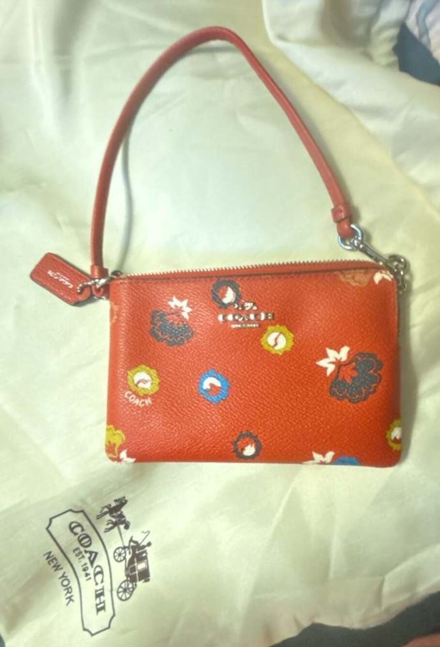 Coach Floral Print Red Leather Wristlet Clutch